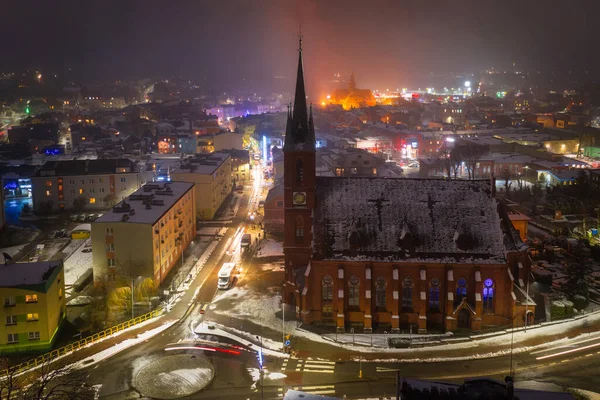 Flygfoto Över Gamla Torget Koscierzyna Stad Natten Polen — Stockfoto