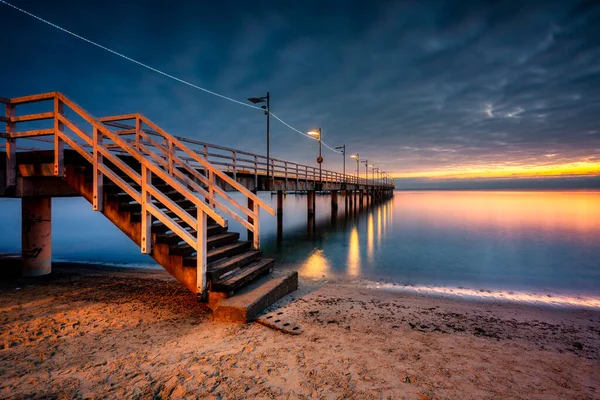 Muelle Madera Aldea Mechelinki Antes Del Amanecer Norte Polonia —  Fotos de Stock