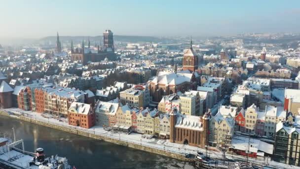 Schöne Landschaft Von Danzig Über Dem Fluss Motlawa Verschneiten Winter — Stockvideo