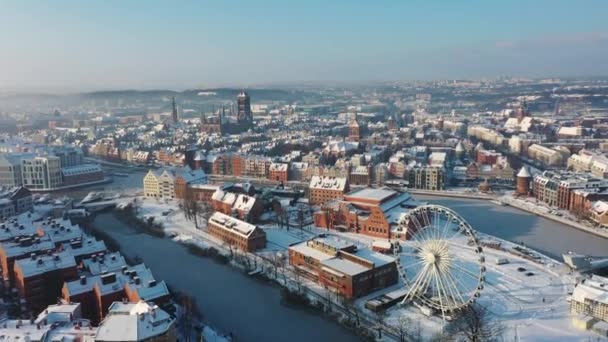 Schöne Landschaft Von Danzig Über Dem Fluss Motlawa Verschneiten Winter — Stockvideo