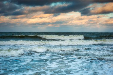 Gdansk 'ta Baltık Denizi' nde karla kaplı bir plajın kış manzarası. Polonya