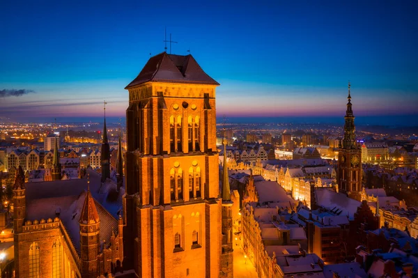 Flygfoto Över Saint Mary Basilica Gdansk Stad Gryningen Polen — Stockfoto