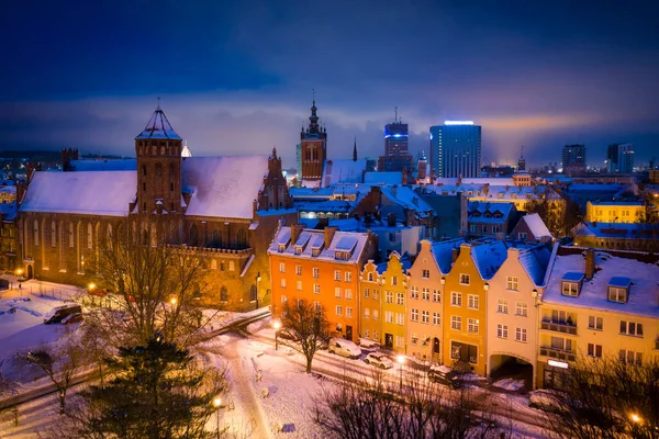 Légi Felvétel Régi Város Gdansk Város Télen Hajnalban Lengyelország — Stock Fotó