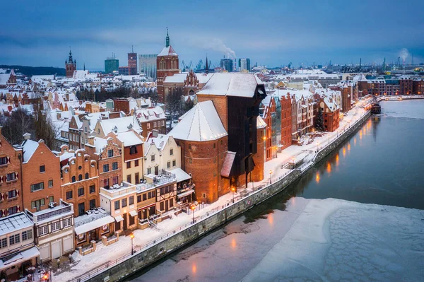 Widok Lotu Ptaka Stare Miasto Gdańsku Zimowy Poranek Polska — Zdjęcie stockowe