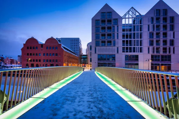 Puente Isla Graneros Sobre Río Motlawa Amanecer Nevado Gdansk Polonia — Foto de Stock