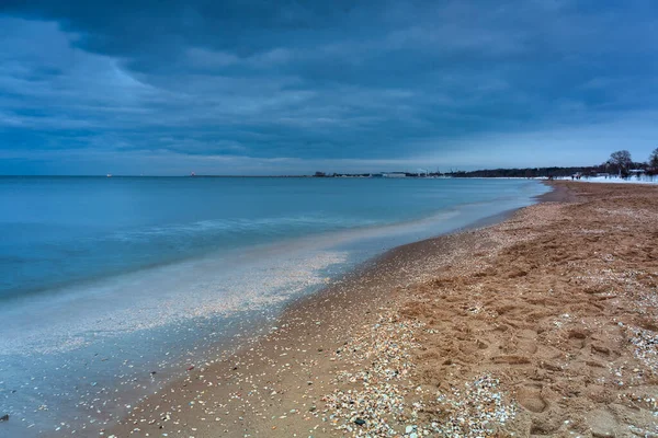 Bella Spiaggia Invernale Brzezno Tramonto Danzica Polonia — Foto Stock