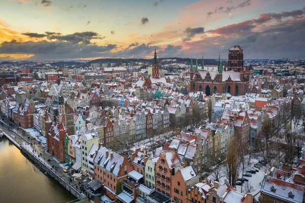 Légi Felvétel Régi Város Gdansk Város Téli Naplementekor Lengyelország — Stock Fotó
