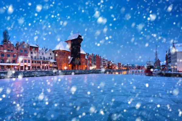 Guindaste Portuário Medieval Gdansk Rio Motlawa Inverno Nevado Polônia — Fotografia de Stock