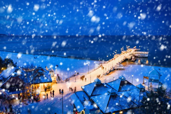 Snowy Night Pier Brzezno Beach Baltic Sea Gdansk Poland — Stock Photo, Image