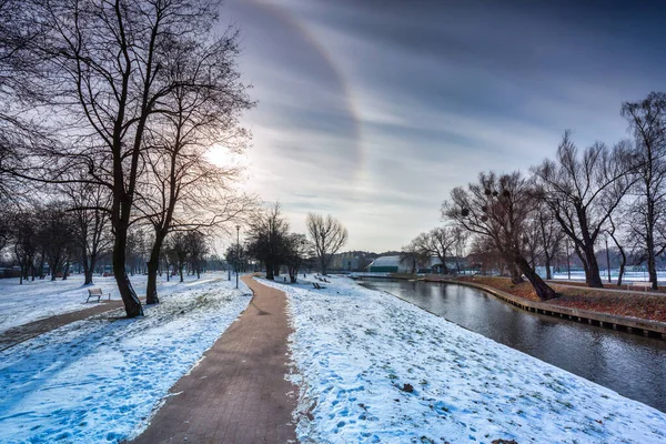 Kış Parkında Güneşin Etrafındaki Halo Etkisi Pruszcz Gdanski Polonya — Stok fotoğraf