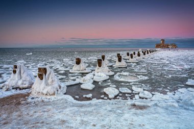 Gün batımında Babie Doly 'de Baltık Denizi' nin kış hayaletleri, Gdynia. Polonya