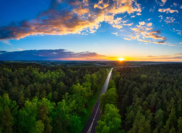 Закат Над Лесом Кольцевой Дороге Польша — стоковое фото