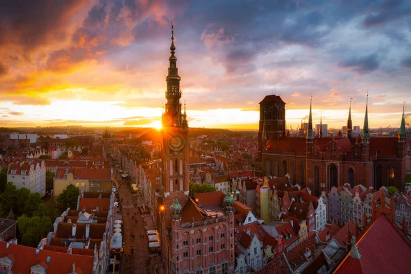 Csodálatos Építészet Város Gdansk Naplementekor Lengyelország Légi Kilátás Long Market — Stock Fotó