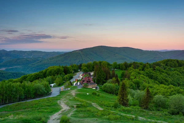 Panorama Der Schlesischen Beskiden Vom Rownica Gipfel Bei Sonnenaufgang Polen — Stockfoto