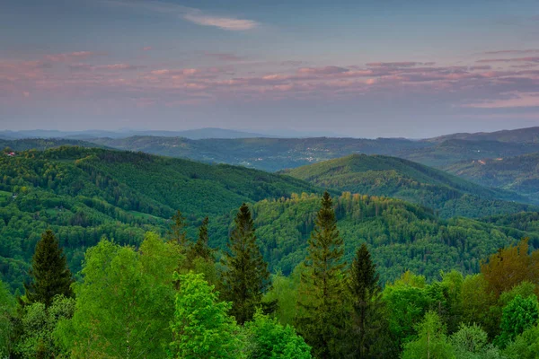 Panorama Los Beskids Silesianos Desde Pico Rownica Amanecer Polonia — Foto de Stock