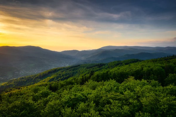 Panorama Dos Beskids Silesianos Rownica Pico Nascer Sol Polónia — Fotografia de Stock