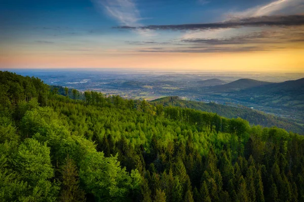 Panorama Dos Beskids Silesianos Rownica Pico Nascer Sol Polónia — Fotografia de Stock