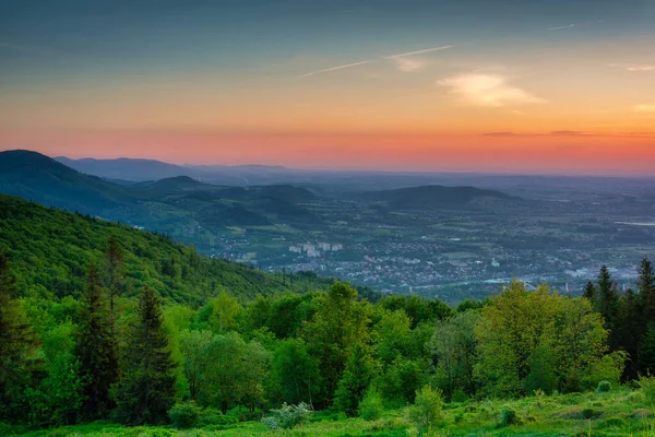 Pôr Sol Incrível Pico Rownica Com Vista Silesiana Beskids Polónia — Fotografia de Stock