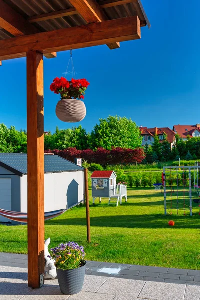 Red Geranium Hanging Flower Pot Terrace — Stock Photo, Image