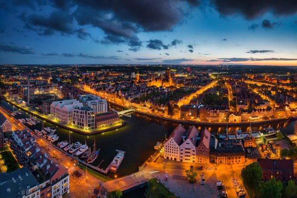 Arquitetura Incrível Cidade Principal Gdansk Entardecer Polônia Vista Aérea Histórico — Fotografia de Stock