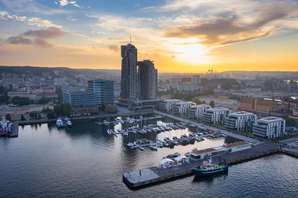 Paisaje Aéreo Del Puerto Gdynia Con Arquitectura Moderna Atardecer Polonia — Foto de Stock