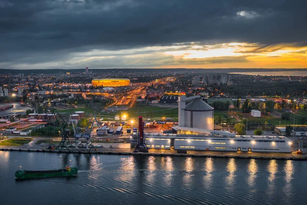 Port Scenery Martwa Wisla Illuminated Stadium Gdansk Sunset Poland — Stock Photo, Image