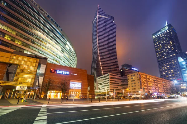 Skyscrapers in the city center of Warsaw at night — Stock Photo, Image