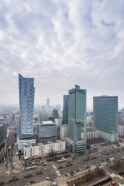 WARSAW, POLAND - 28 FEBRUARY 2014: Aerial view of the city center in Warsaw , Poland. Warsaw is the capital and largest city of Poland with population estimated at 1,8 million residents.