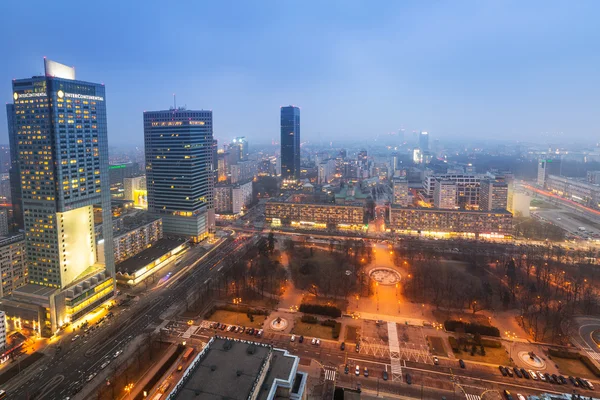 Aerial view of the city center in Warsaw at night, Poland — Stock Photo, Image