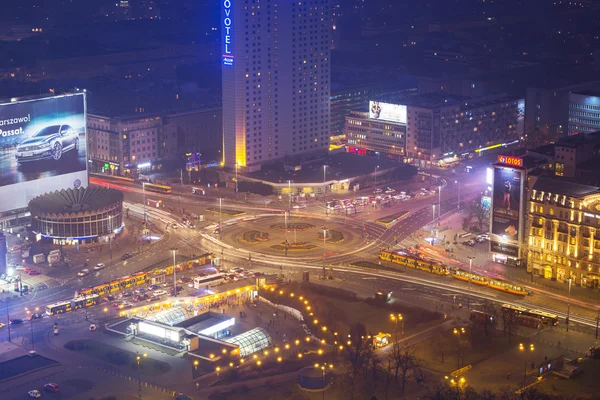 Aerial view of the city center in Warsaw at night, Poland — Stock Photo, Image