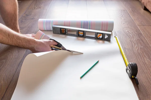 Handyman corte de papel pintado — Foto de Stock