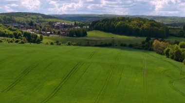 Kuzey Polonya 'daki yeşil tarlaların hava manzarası ilkbahar zamanı.