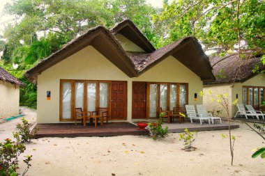 Kuzey Erkek Mercan Adaları, Maldivler - 30 Haziran 2009: Adaaran Seçimi Hudhuran Fushi ve Prestige Ocean Villas Resort, Hudhuranfushi Adası, Maldivler.