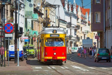 Old tram on the street of Grudziadz, Poland