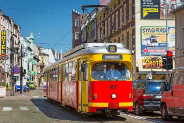 Old tram on the street of Grudziadz, Poland