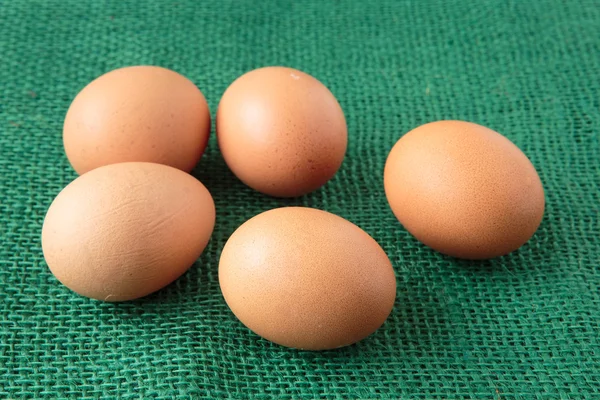 Fresh raw group of eggs put on green sack — Stock Photo, Image