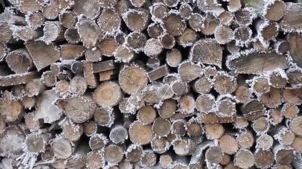 Delen Van Hout Voor Verwarming Bedekt Met Rietvorst — Stockvideo