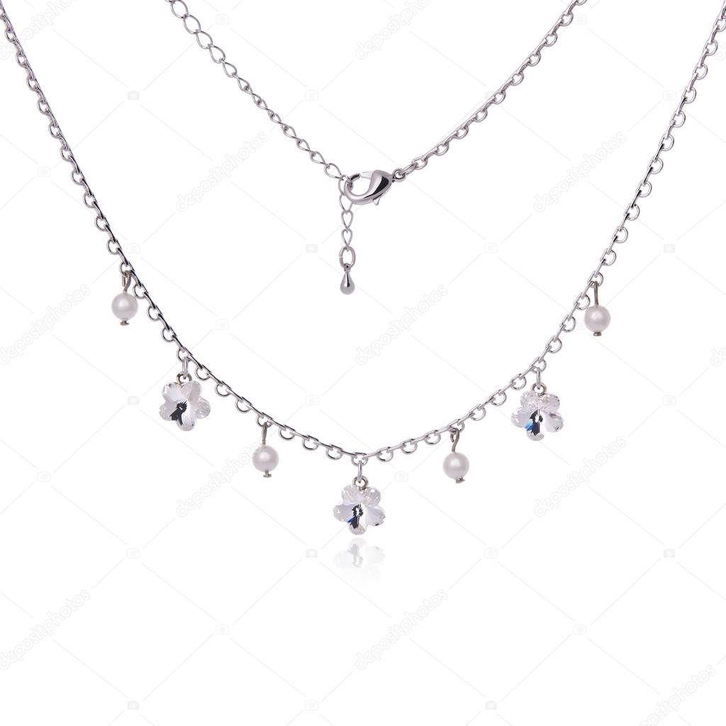 Silver necklace and pendant on white background