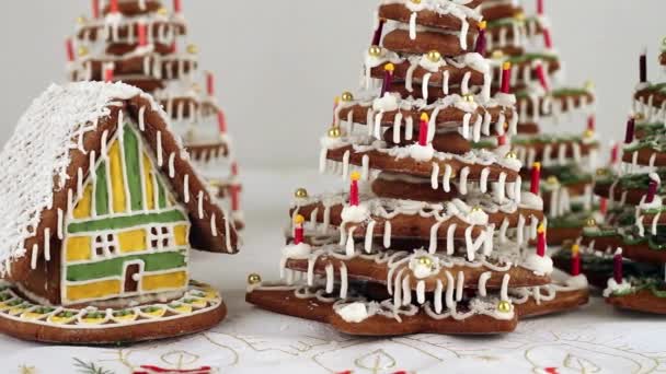 Noel kurabiyesi evi ve zencefilli kek ağacı. — Stok video