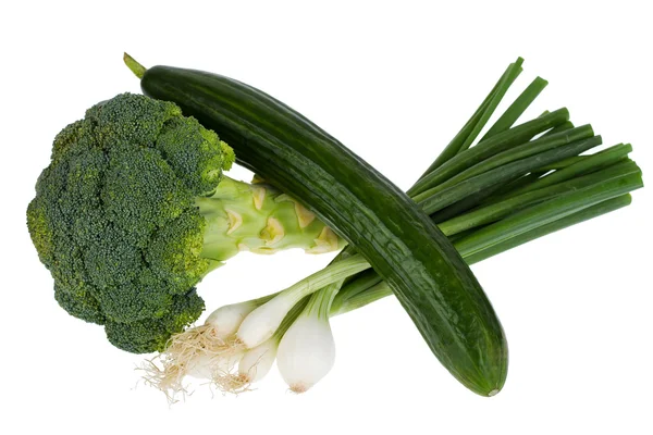 Cucumber, broccoli and spring onion isolated on white background — Stock Photo, Image