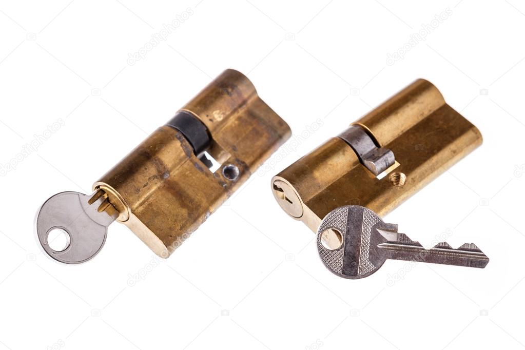 Door locks and keys isolated on white background