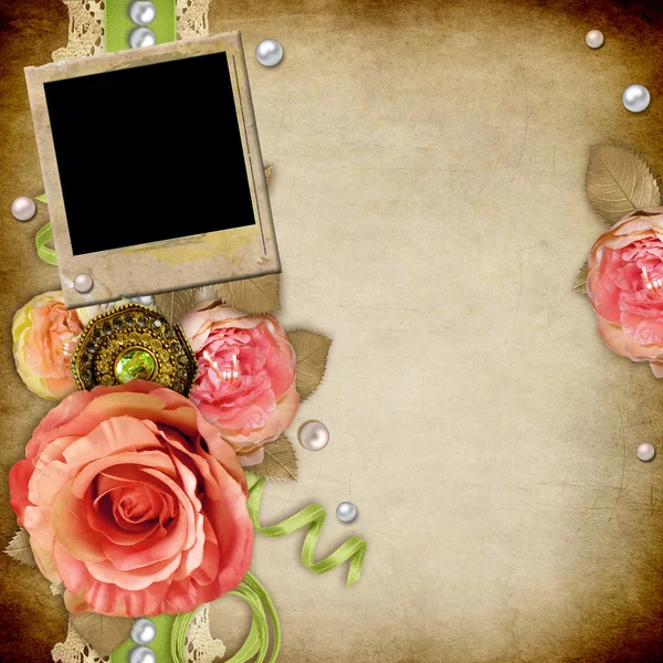 复古背景与玫瑰，花边，织带 — 图库照片