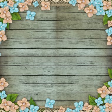 Eski ahşap arka plan çiçekler, inci ve dantel