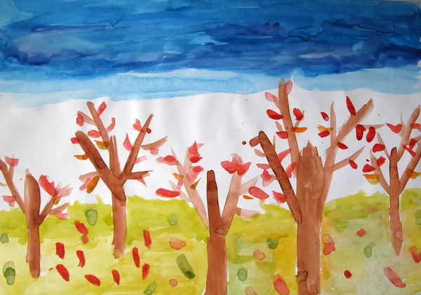 Pintura de niño. Árboles de otoño —  Fotos de Stock