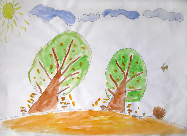 Детская картина. Два осенних дерева — стоковое фото