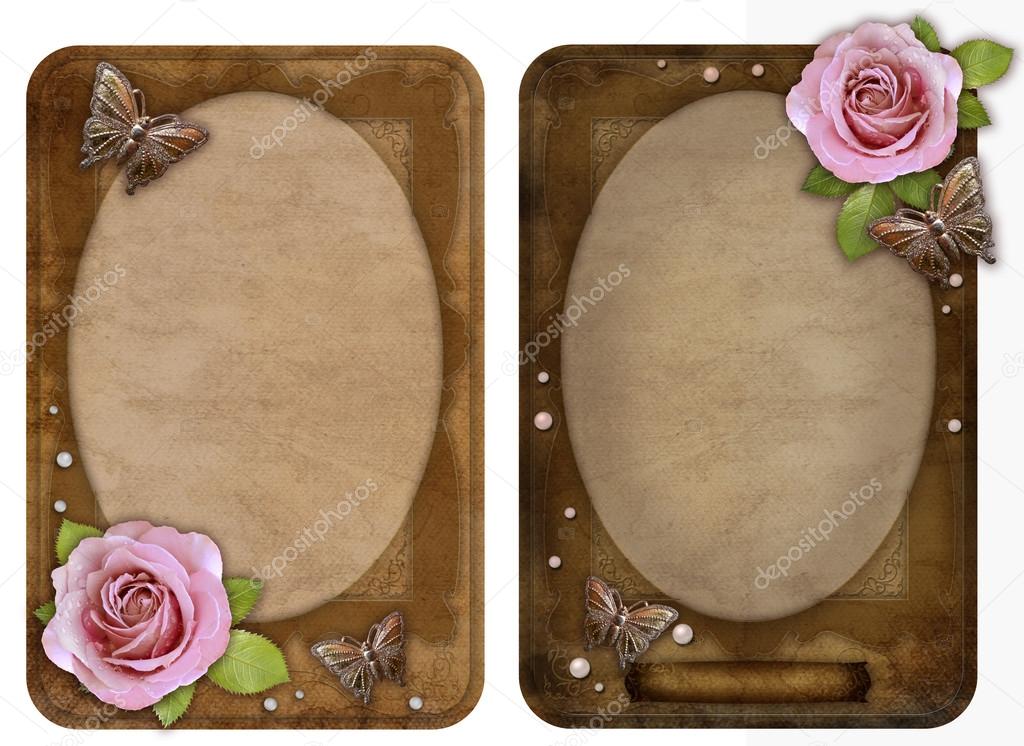 two old-fashioned  paper photo frames with butterfly and rose is