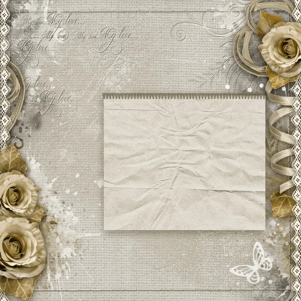 Vintage background with purple roses, lace, ribbon — Stock Photo, Image