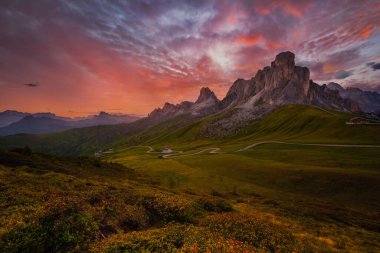Passo di Giau 'da yaz günbatımında önplanda çiçekler, Dolomitler, İtalya