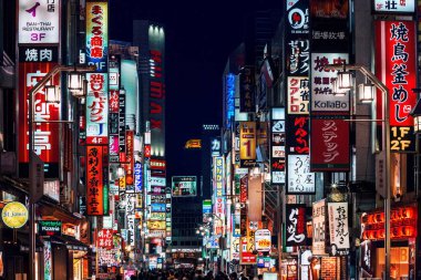 Tokyo, Japonya 'da Uykusuz Şehir olarak da bilinen Shinjuku Kabuki-cho bölgesindeki reklam panoları ve neon tabelaları.