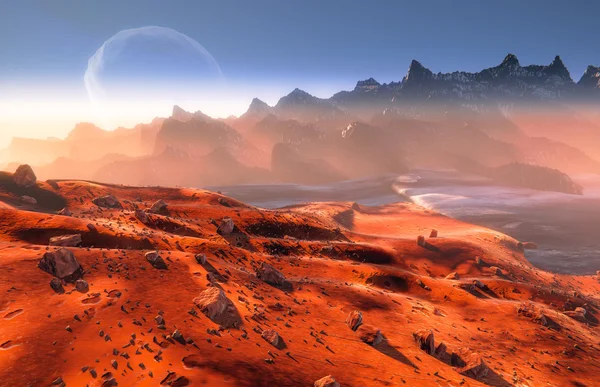 Mars and Phobos moon over mountains Stock Photo